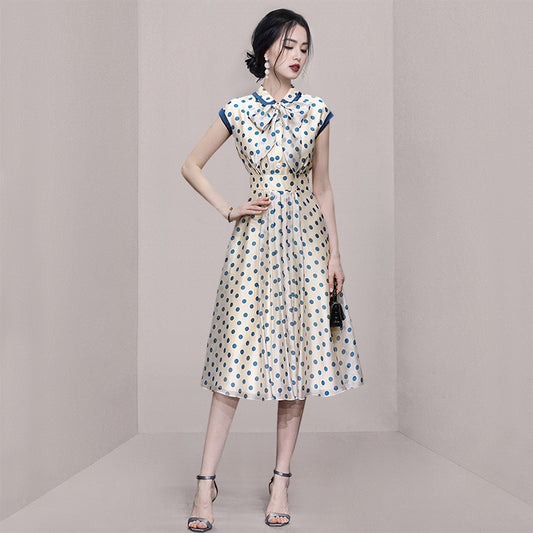 CM-DY067762 Women Elegant European Style Doll Collar Bow Polka Dot Pinched Waist Slim Dress