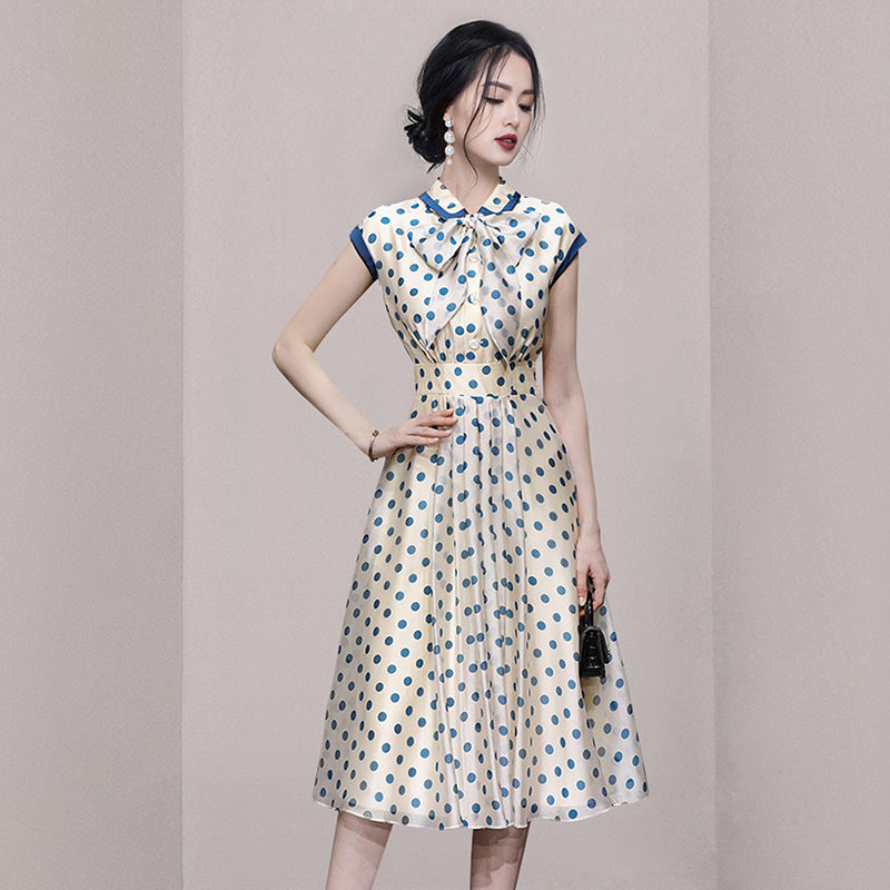 CM-DY067762 Women Elegant European Style Doll Collar Bow Polka Dot Pinched Waist Slim Dress