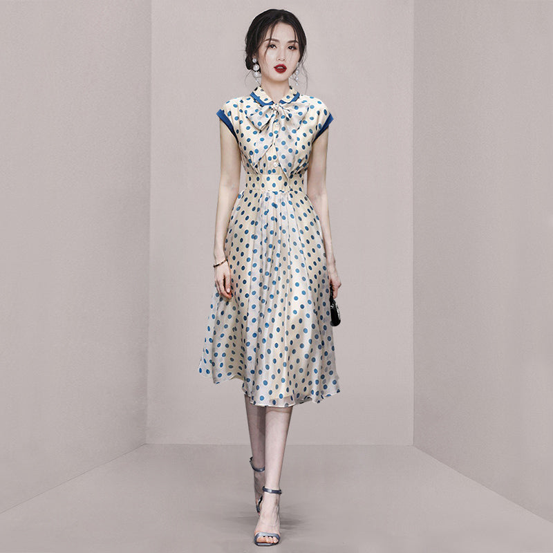 CM-DY067762 Women Elegant European Style Doll Collar Bow Polka Dot Pinched Waist Slim Dress
