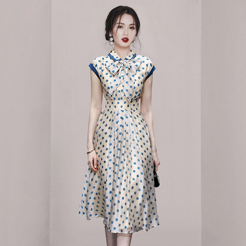 CM-DY067762 Women Elegant European Style Doll Collar Bow Polka Dot Pinched Waist Slim Dress
