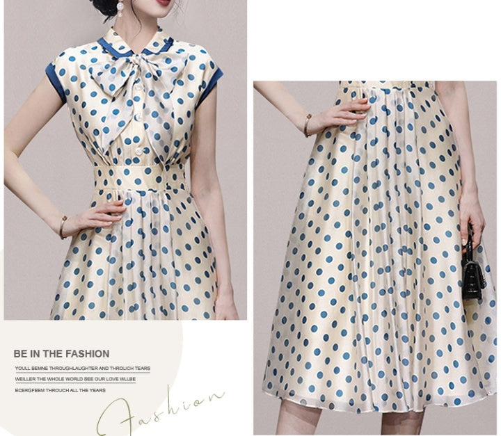 CM-DY067762 Women Elegant European Style Doll Collar Bow Polka Dot Pinched Waist Slim Dress