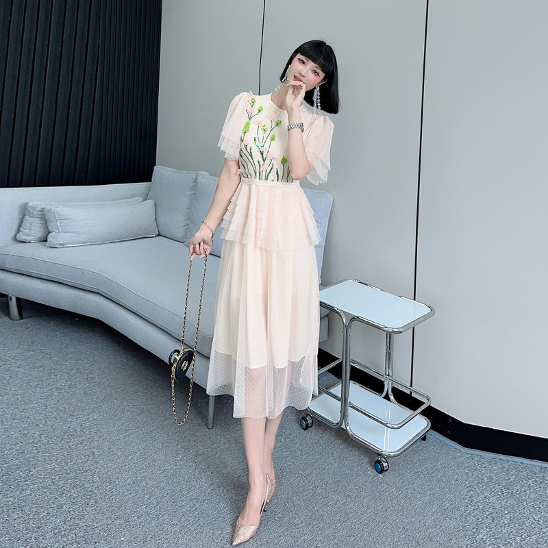 CM-DY068372 Women Elegant Seoul Style Floral Sequins Splice Gauze Dress - Apricot