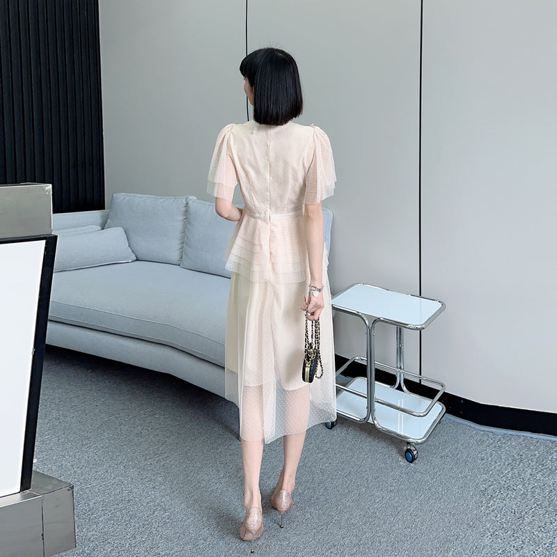 CM-DY068372 Women Elegant Seoul Style Floral Sequins Splice Gauze Dress - Apricot