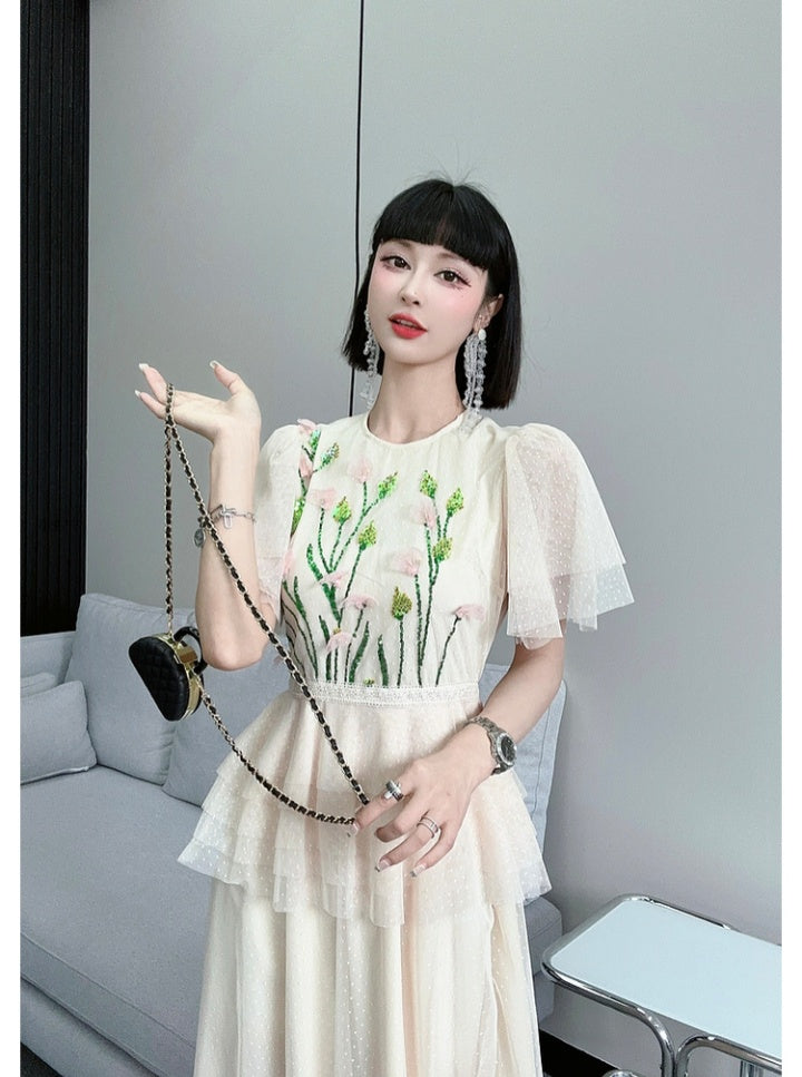 CM-DY068372 Women Elegant Seoul Style Floral Sequins Splice Gauze Dress - Apricot