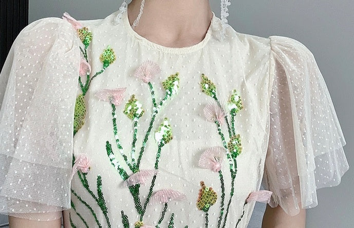 CM-DY068372 Women Elegant Seoul Style Floral Sequins Splice Gauze Dress - Apricot