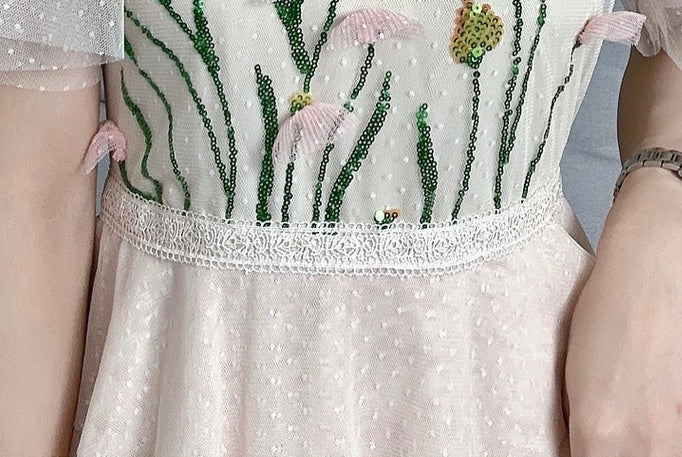 CM-DY068372 Women Elegant Seoul Style Floral Sequins Splice Gauze Dress - Apricot