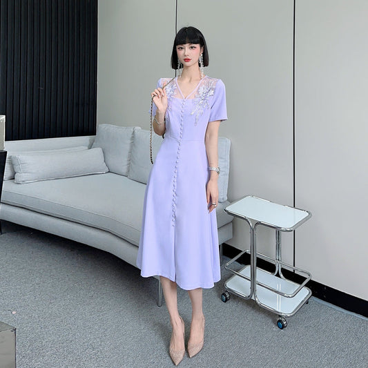 CM-DY068373 Women Elegant Seoul Style Split Embroidered V-Neck Beading Slim Dress