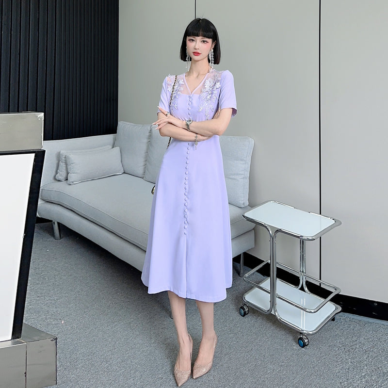 CM-DY068373 Women Elegant Seoul Style Split Embroidered V-Neck Beading Slim Dress