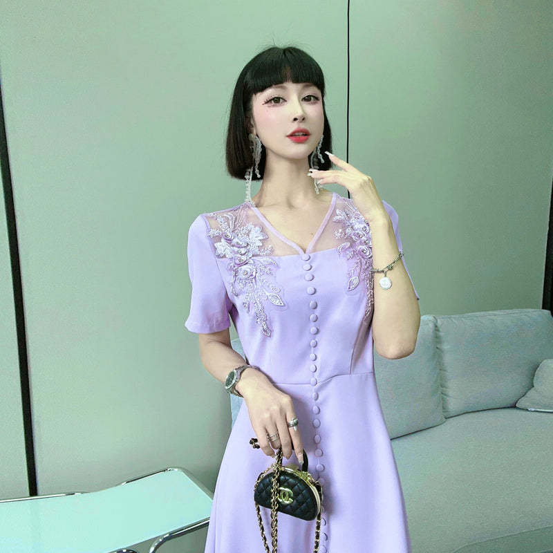 CM-DY068373 Women Elegant Seoul Style Split Embroidered V-Neck Beading Slim Dress