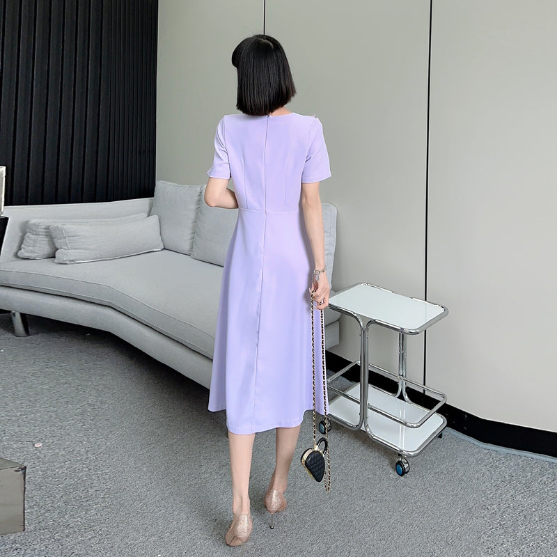 CM-DY068373 Women Elegant Seoul Style Split Embroidered V-Neck Beading Slim Dress