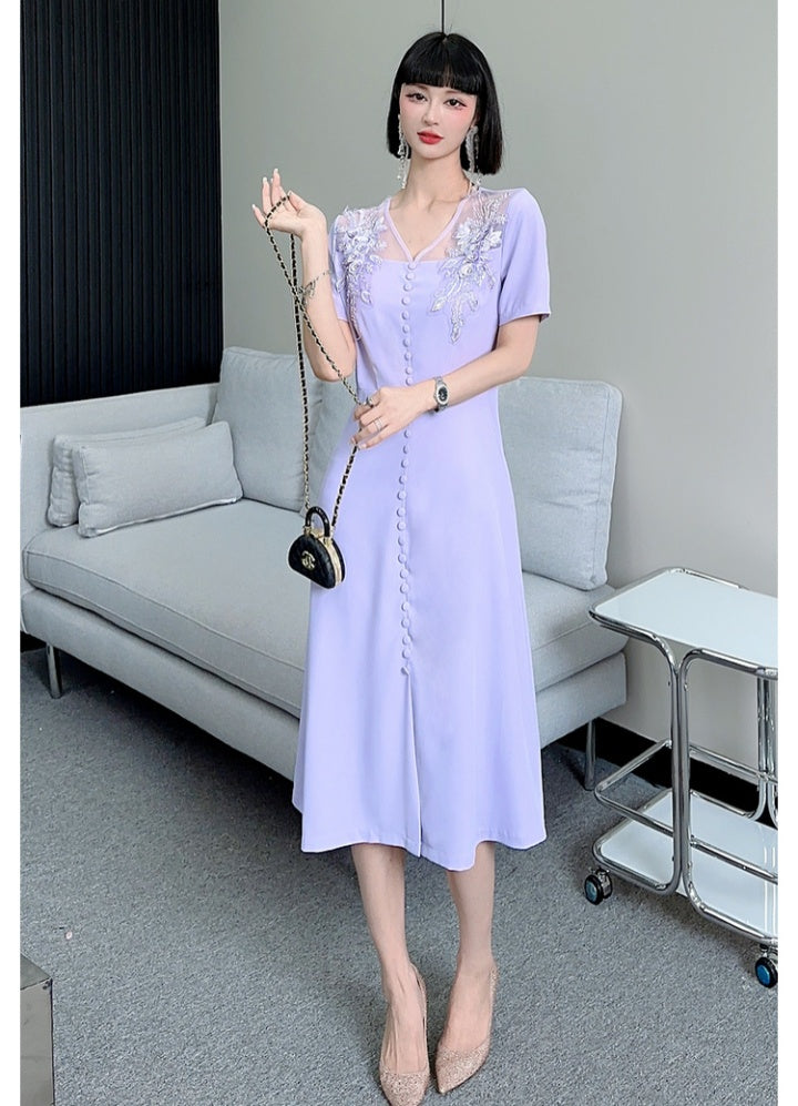 CM-DY068373 Women Elegant Seoul Style Split Embroidered V-Neck Beading Slim Dress