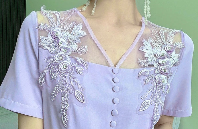 CM-DY068373 Women Elegant Seoul Style Split Embroidered V-Neck Beading Slim Dress