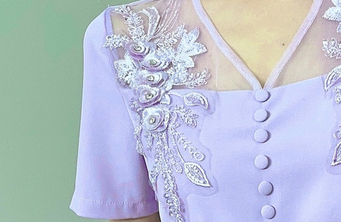 CM-DY068373 Women Elegant Seoul Style Split Embroidered V-Neck Beading Slim Dress