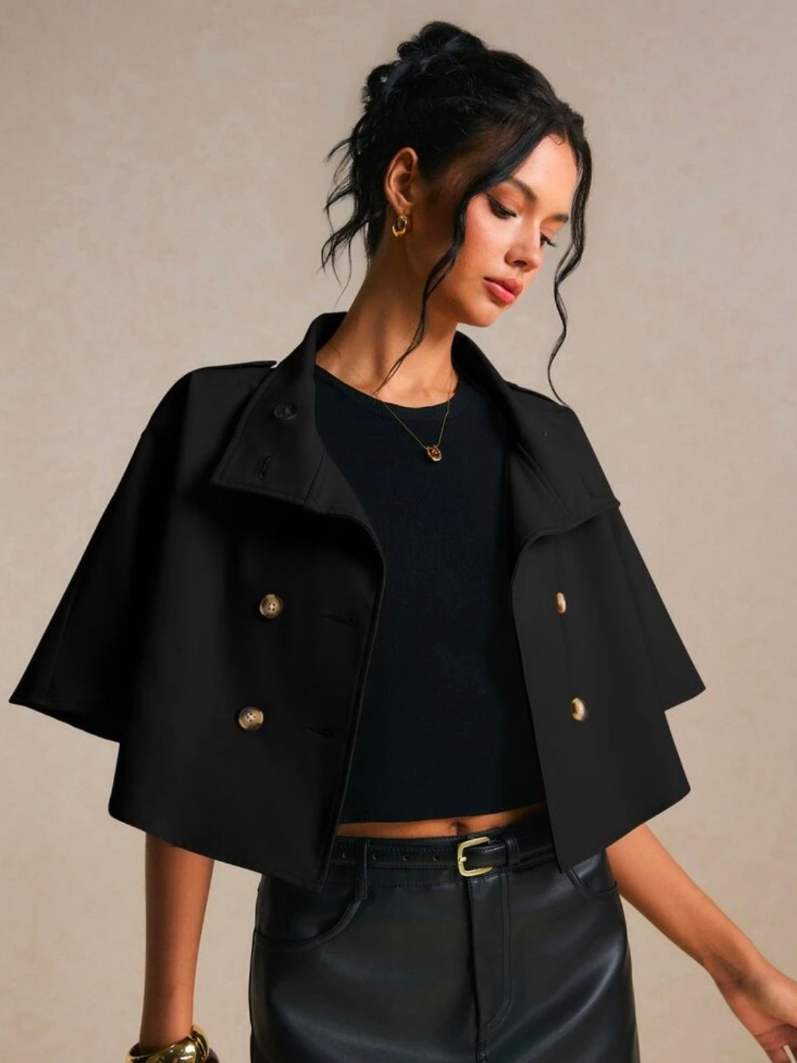 CM-CS774785 Women Elegant Seoul Style Short Sleeve Cropped Double Breasted Cape Trench Coat - Black