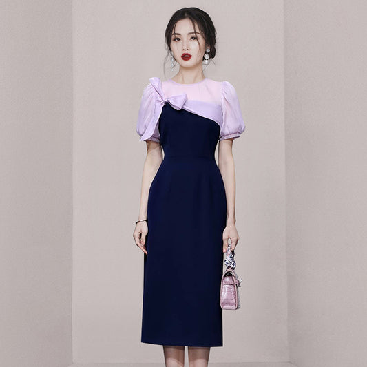 CM-DY069131 Women Elegant European Style Bow Decoration Short Sleeve Midi Dress