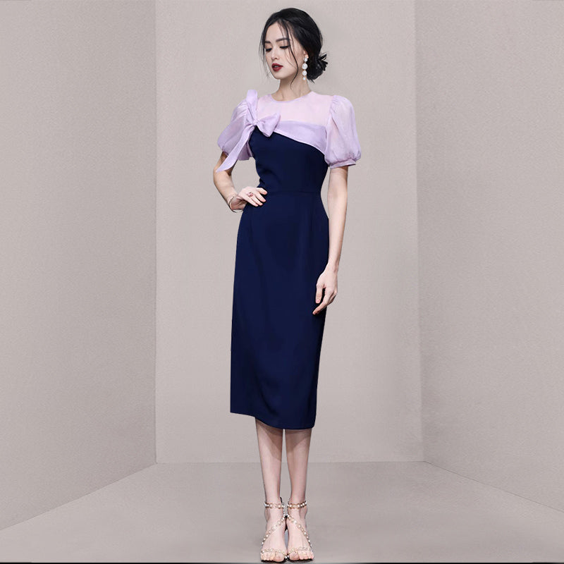 CM-DY069131 Women Elegant European Style Bow Decoration Short Sleeve Midi Dress