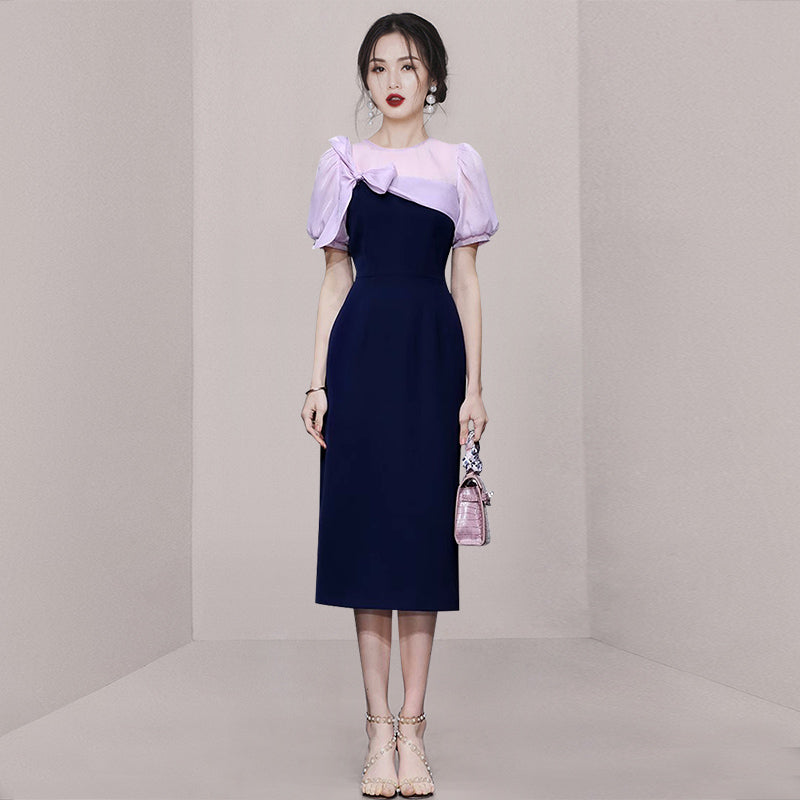 CM-DY069131 Women Elegant European Style Bow Decoration Short Sleeve Midi Dress