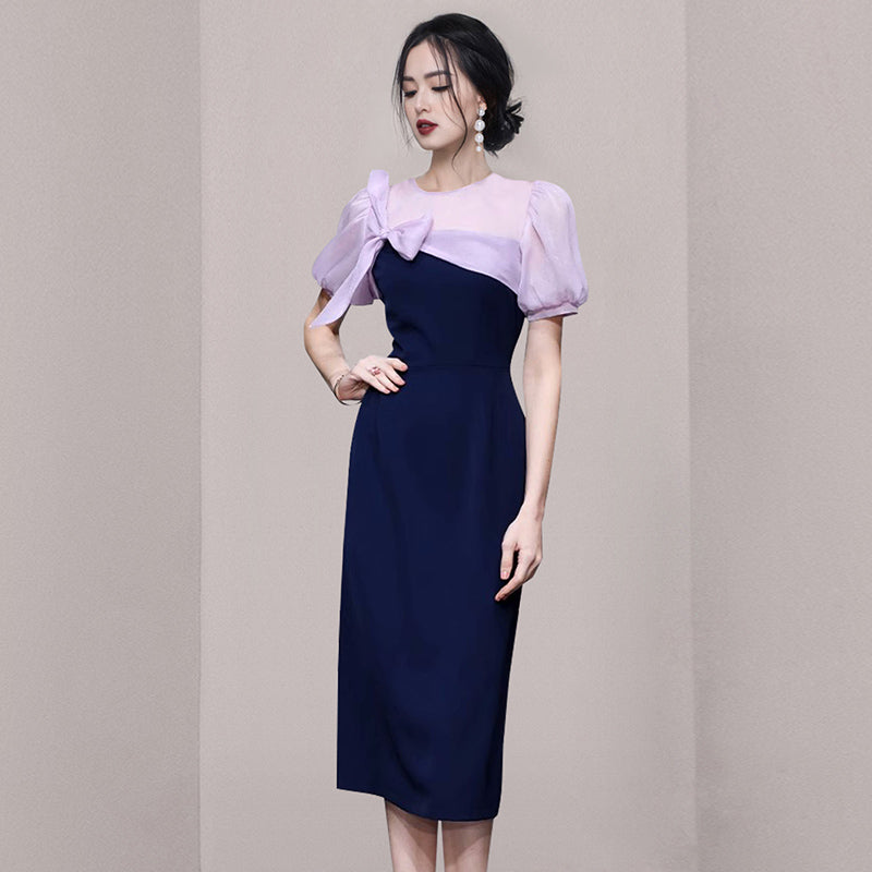 CM-DY069131 Women Elegant European Style Bow Decoration Short Sleeve Midi Dress