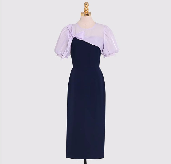 CM-DY069131 Women Elegant European Style Bow Decoration Short Sleeve Midi Dress