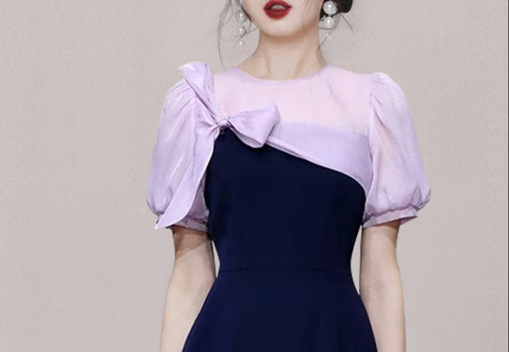 CM-DY069131 Women Elegant European Style Bow Decoration Short Sleeve Midi Dress