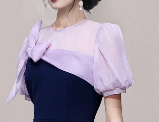 CM-DY069131 Women Elegant European Style Bow Decoration Short Sleeve Midi Dress
