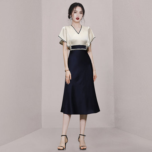 CM-DY069137 Women Elegant European Style V-Neck Short Sleeve Satin Midi Dress