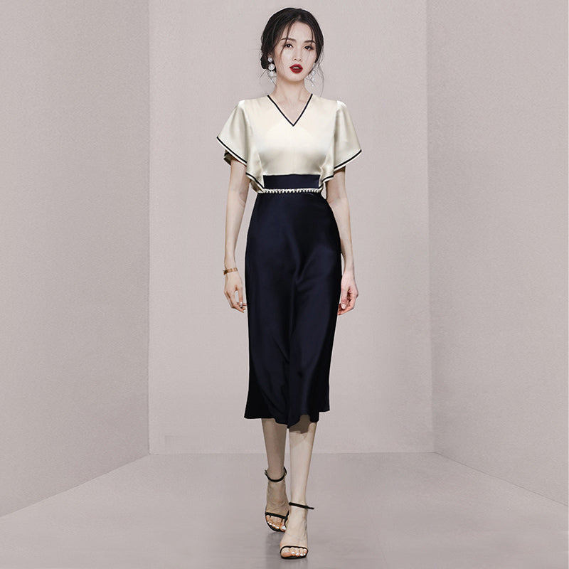 CM-DY069137 Women Elegant European Style V-Neck Short Sleeve Satin Midi Dress