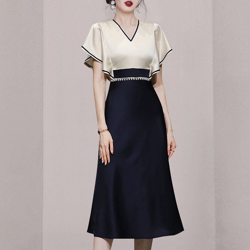 CM-DY069137 Women Elegant European Style V-Neck Short Sleeve Satin Midi Dress