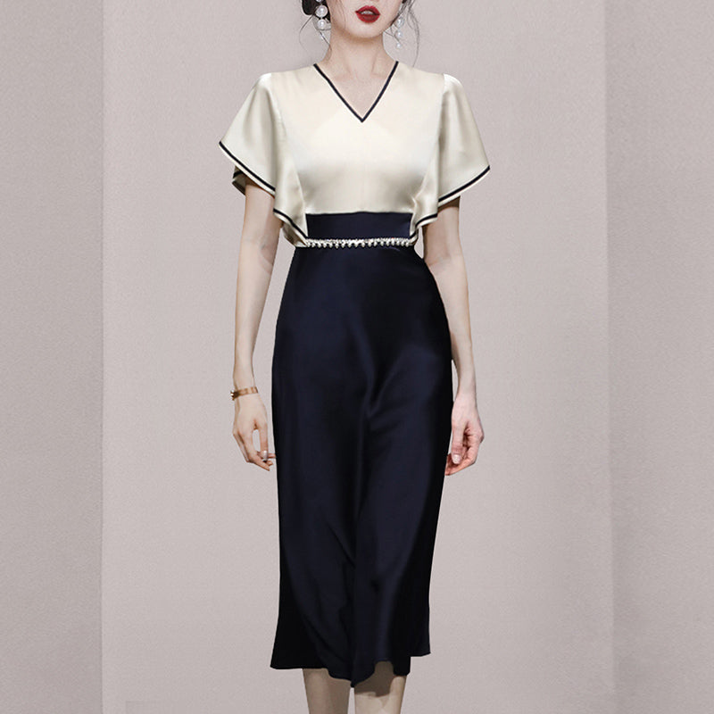 CM-DY069137 Women Elegant European Style V-Neck Short Sleeve Satin Midi Dress