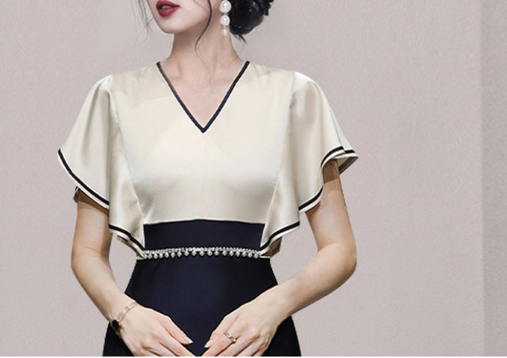 CM-DY069137 Women Elegant European Style V-Neck Short Sleeve Satin Midi Dress