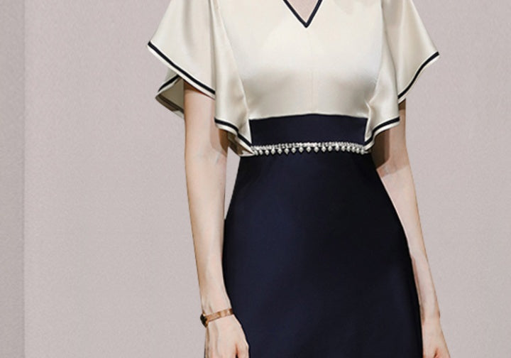 CM-DY069137 Women Elegant European Style V-Neck Short Sleeve Satin Midi Dress