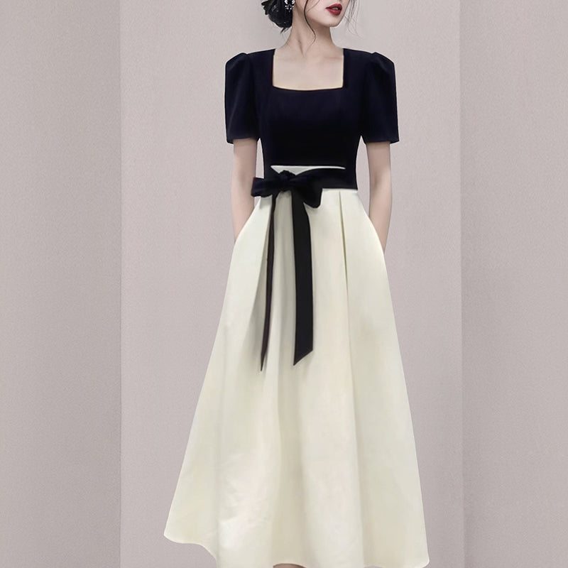 CM-DY069586 Women European Style Square Collar Short Sleeve  Splice Midi Dress