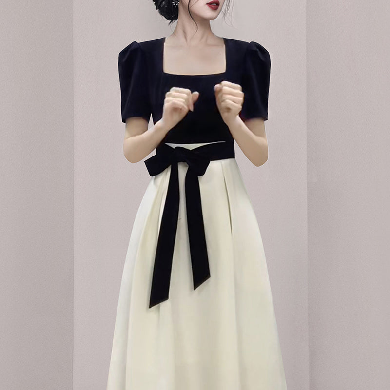 CM-DY069586 Women European Style Square Collar Short Sleeve  Splice Midi Dress