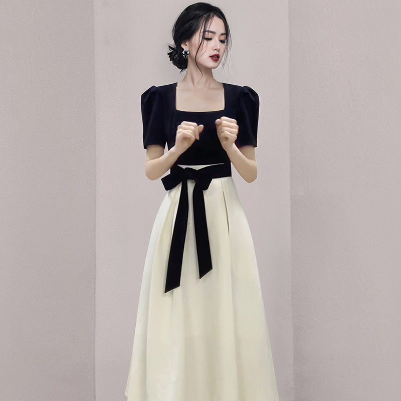 CM-DY069586 Women European Style Square Collar Short Sleeve  Splice Midi Dress
