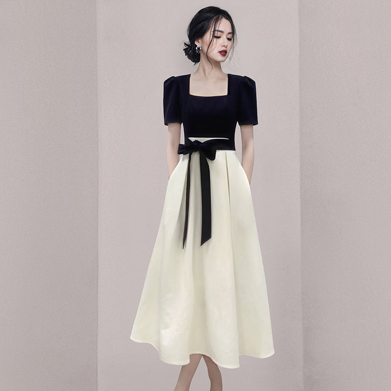 CM-DY069586 Women European Style Square Collar Short Sleeve  Splice Midi Dress