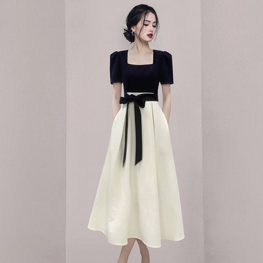 CM-DY069586 Women European Style Square Collar Short Sleeve Splice Midi Dress