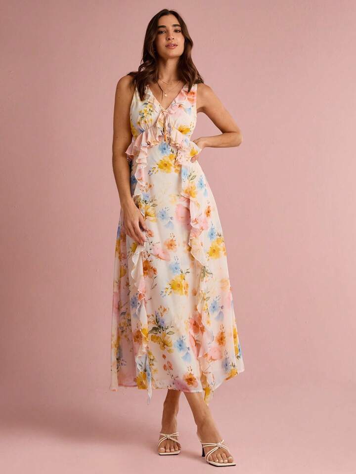 CM-DS419967 Women Trendy Bohemian Style Floral Print V-Neck Ruffle Trim Sleeveless Maxi Dress