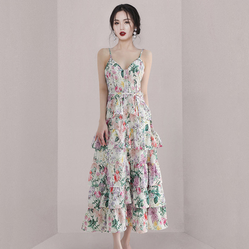 CM-DY070292 Women Elegant European Style V-Neck Sleeveless Ruffle Hem Strap Long Dress