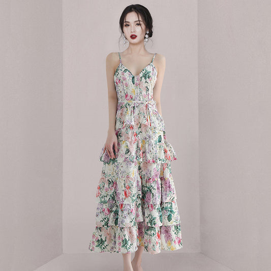 CM-DY070292 Women Elegant European Style V-Neck Sleeveless Ruffle Hem Strap Long Dress