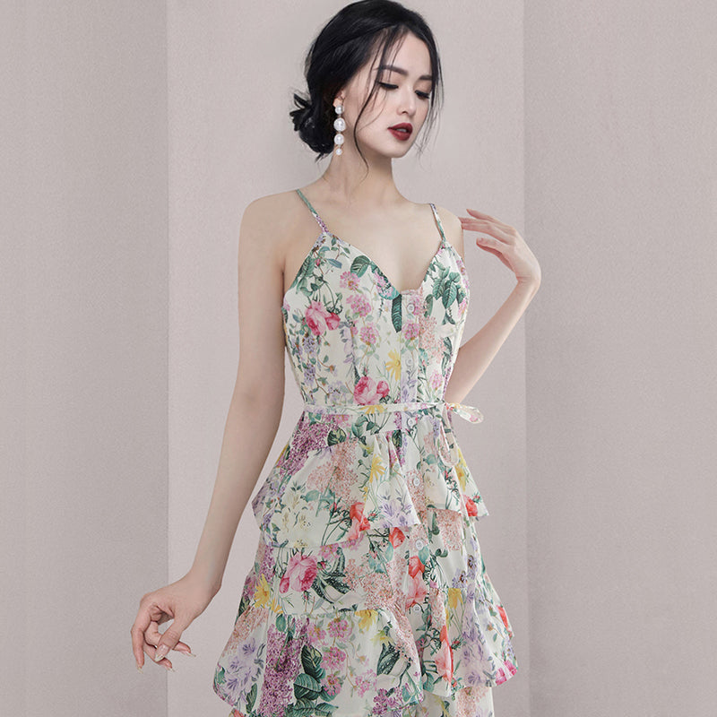 CM-DY070292 Women Elegant European Style V-Neck Sleeveless Ruffle Hem Strap Long Dress