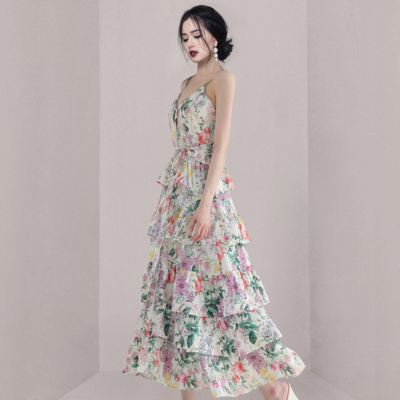 CM-DY070292 Women Elegant European Style V-Neck Sleeveless Ruffle Hem Strap Long Dress
