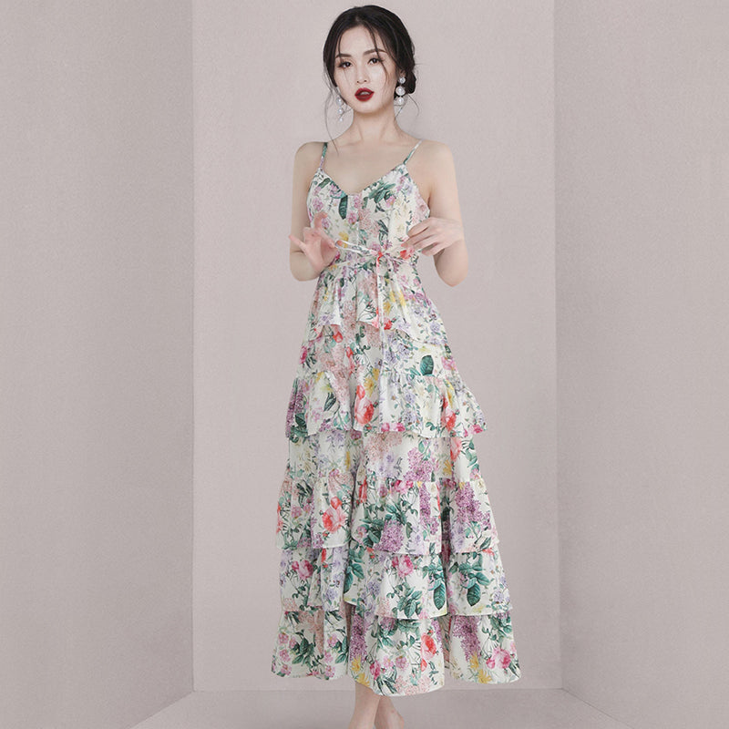 CM-DY070292 Women Elegant European Style V-Neck Sleeveless Ruffle Hem Strap Long Dress