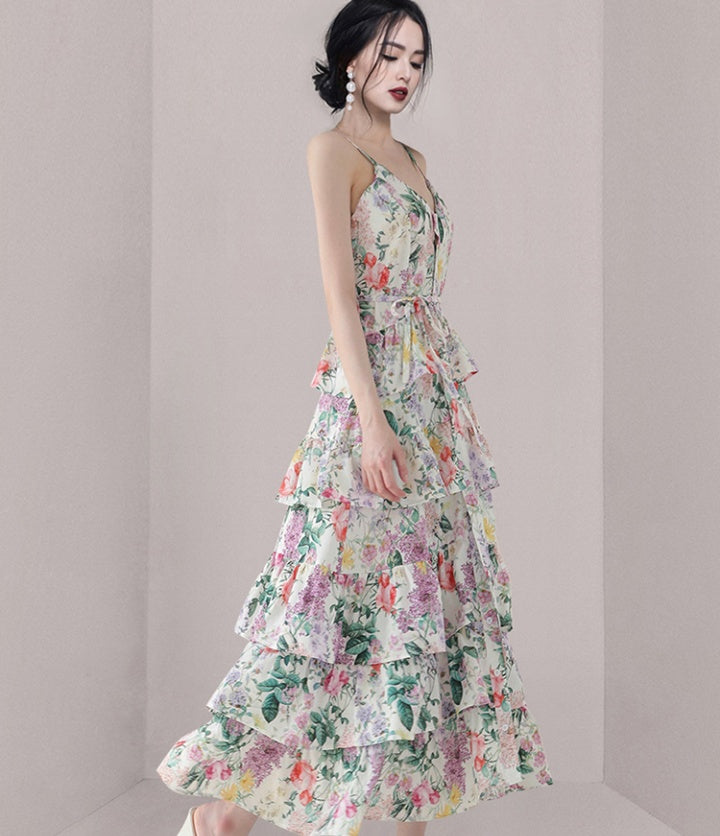 CM-DY070292 Women Elegant European Style V-Neck Sleeveless Ruffle Hem Strap Long Dress