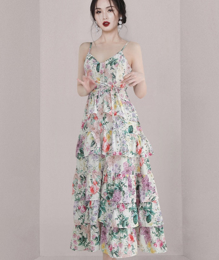 CM-DY070292 Women Elegant European Style V-Neck Sleeveless Ruffle Hem Strap Long Dress