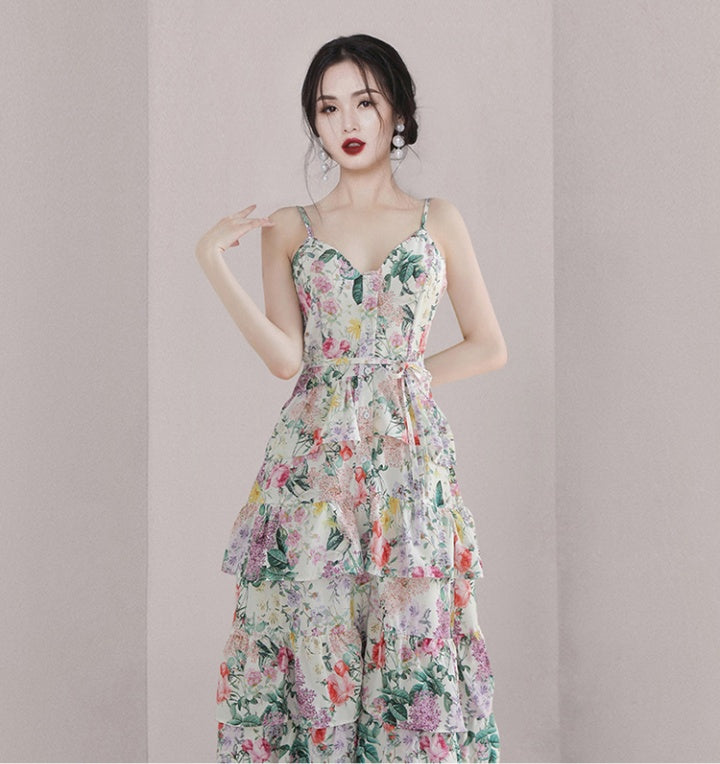 CM-DY070292 Women Elegant European Style V-Neck Sleeveless Ruffle Hem Strap Long Dress