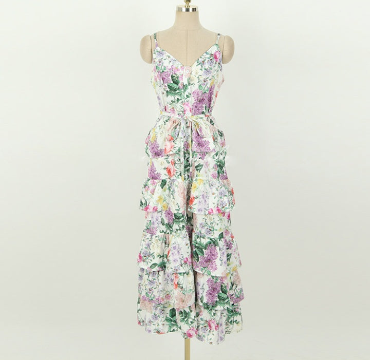 CM-DY070292 Women Elegant European Style V-Neck Sleeveless Ruffle Hem Strap Long Dress