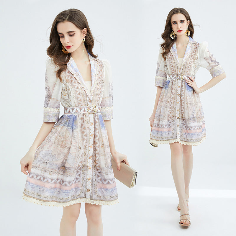CM-DY070962 Women Elegant European Style Deep V-Neck Short Sleeve Single-Breasted Belted Mini Dress