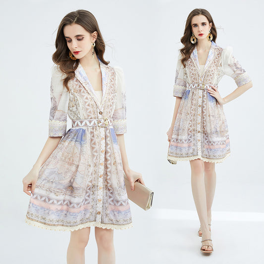 CM-DY070962 Women Elegant European Style Deep V-Neck Short Sleeve Single-Breasted Belted Mini Dress
