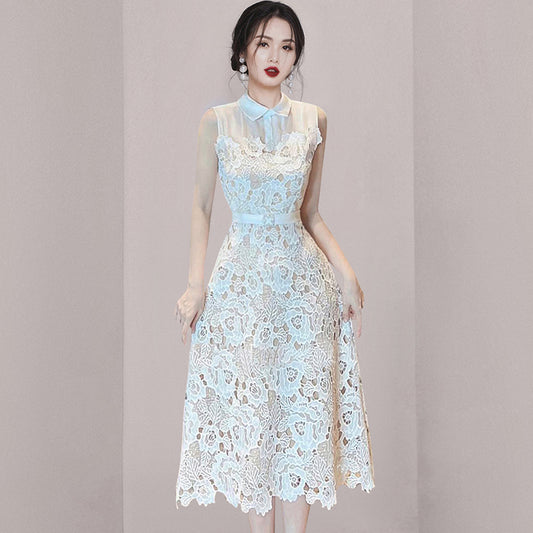 CM-DY070987 Women Elegant European Style Doll Collar Sleeveles Mid-Length Dress - White