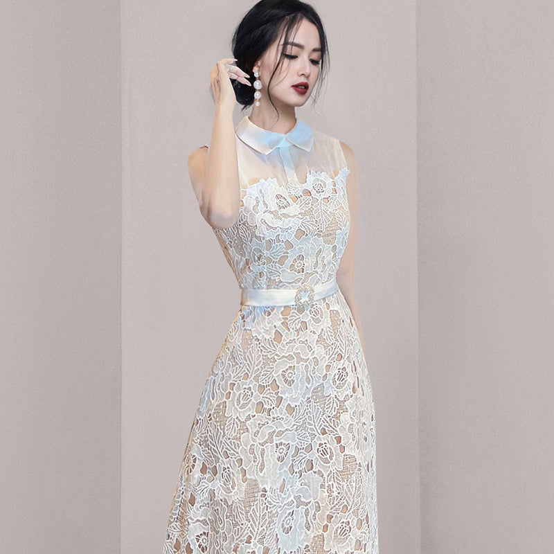 CM-DY070987 Women Elegant European Style Doll Collar Sleeveles Mid-Length Dress - White